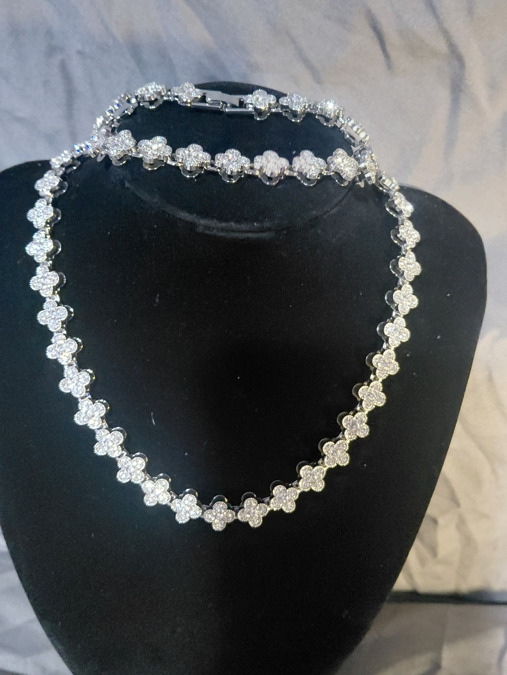 Silver Flower Cluster Necklace and Bracelet Set - Sparkling Clear Stones